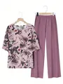 Zweiteiliges Damen-Lounge-Set mit botanischem Print-Top und violetter Hose mit weitem Bein - 3XL / Oben Und Unten / Hellviolett