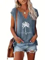 Detaillierte Ansicht des blauen Damen T-Shirts mit Palmenprint und 'live simple' Schriftzug - 1XL / Oberteile / Aqua