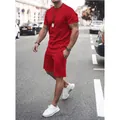 Men's summer casual two-piece athletic set featuring red short sleeve T-shirt and shorts - Red