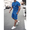 Men's blue casual sports tracksuit set featuring short sleeve t-shirt and matching shorts - Sapphire Blue