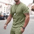 Premium men's olive green summer short sleeve sports and casual two-piece outfit set - Light Green