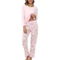 Detailed view of women's pink long-sleeve loungewear set with star printed pants - S / Top And Bottom / Pink Star