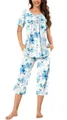 Women's comfortable floral print pajama set with short sleeve button-up top and cropped pants - S / Top And Bottom / Blue Flower