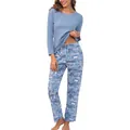Close-up of women's two-piece blue pajama set with printed sleep themed long pants - S / Top And Bottom / Blue Letters