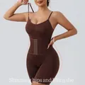 Brown one-piece shapewear bodysuit with waist hooks for tummy control and hip lifting. - S / Top And Bottom / Coffee