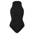 Slim fit black ribbed sleeveless bodysuit with high neck and snap bottom closure - S / Tops / Black