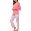 Full view of women's pink pajama set with paisley print pants for cozy loungewear - S / Top And Bottom / Rose Red