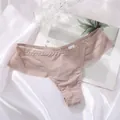Detail view of women's seamless ice silk thong with elegant lace trim edging - M / Bottoms / Khaki