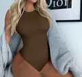 Women's brown ribbed sleeveless bodysuit featuring a round neck and sexy thong cut - S / Tops / Coffee