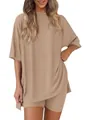 Damen 2-Teiler einfarbiges loses Loungewear-Set mit übergroßem Oberteil und Shorts - Khaki