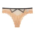 Sexy apricot lace mesh thong with black straps and polka dot detail - S / Nude