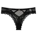 Elegant black hollow-out lace thong for women with polka dot mesh and cross straps - S / Black