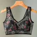 Elegant seamless floral mesh sports bra wireless comfort bralette in black rose print - L / Tops / Black