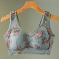 Comfortable seamless floral sports bra for elderly women in grey mesh with red flowers - L / Tops / Blue