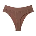 Seamless high-cut women's thong in solid brown with ribbed wide waistband for sports - Caramel color