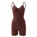 One-piece seamless bodysuit shapewear in chocolate brown with adjustable straps - S / Top And Bottom / Coffee