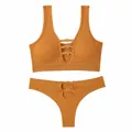 Seamless hollow sexy ribbed lingerie set in amber orange featuring gold heart buckles - Letter F / Top And Bottom / Yellow