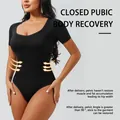 Black seamless tummy control bodysuit with square neck and short sleeves for waist slimming - XXS/XS / Top And Bottom / Black