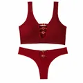 Elegant two-piece sexy burgundy seamless ribbed lingerie set with gold heart buckles - Letter F / Top And Bottom / Burgundy