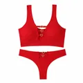 Red seamless sexy lingerie set with gold heart buckles and hollow out bra details - Letter F / Top And Bottom / Red