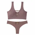 Sexy mauve seamless lingerie set featuring hollow-out design and golden heart buckles - Letter F / Top And Bottom / Dusty Pink