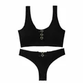 Sexy black seamless ribbed lingerie set featuring decorative gold heart metal buckles - Letter F / Top And Bottom / Black