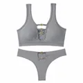 Grey seamless ribbed lingerie set featuring sexy hollow-out design with heart buckles - Letter F / Top And Bottom / Gray