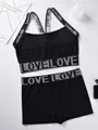 Conjunto de dos piezas de sujetador deportivo y pantalones cortos negros con letras Love - 3XL / Top Y Pantalón / Negro