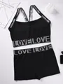 Two-piece black women's sports bra and short set featuring Love letter print bands - 3XL / Top And Bottom / Black