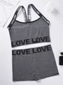 Conjunto de top deportivo y pantalones cortos grises para mujer con estampado de letras. - 3XL / Top Y Pantalón / Gris