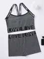 Grey women's sports bra and shorts set with letter print waistbands for gym workouts. - 3XL / Top And Bottom / Gray
