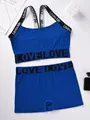 Women's cobalt blue letter print sports bra and boyshorts athletic underwear set - 3XL / Top And Bottom / Blue