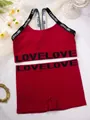Conjunto de ropa interior deportiva roja de dos piezas para mujer con tiras de letras - S / Top Y Pantalón / Burdeos