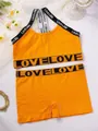 Women's vibrant orange sports bra and shorts set featuring Love letter print elastic bands. - Yellow-Orange