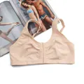 High-quality close-up of a beige plus size cotton wire-free bra with front hook closure design - L (90-95) / Tops / Nude