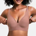 Close-up detail of a women's seamless wire-free push up bra in a nude brown color - S / Tops / Coffee