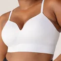 Detailed close-up view of white wireless comfort bra showing seamless texture. - S / Tops / White