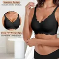 Close-up of the black seamless bra featuring a deep V-neck and wavy edge design. - S / Tops / Black