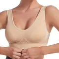 Comfortable beige seamless sports bra featuring breathable mesh cutout and wireless support - S / Tops / Nude