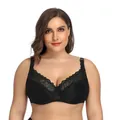 Detail view of black plus size lace bra featuring intricate embroidery and breathable mesh - Black