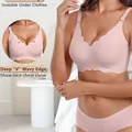 Detail of pink seamless wavy edge bra showing deep V design and supportive fit - S / Tops / Pink