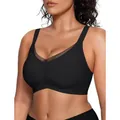 Comfortabele zwarte draadloze bh in grote maten met een elegant mesh crossover detail - S / Tops / Zwart