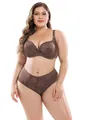 Elegant plus size brown lace lingerie set featuring floral embroidery on a full figure model - Bra 36/80E Panty L / Top And Bottom / Khaki