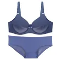 Front view of a stylish blue seamless bra and high-waist breathable panty set for women - Bra 36/80C Panty L / Top And Bottom / Dark Blue