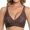 Sujetador sin costuras con estampado de leopardo y escote en V para tallas grandes - S / Top (VR01) / Leopardo Marrón Oscuro