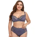 Full view of elegant plus-size lace lingerie set with wired bra and high waist panty - Bra 42/95D Panty 2XL / Top And Bottom (Plus Size Panty) / Purple Grey