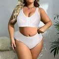 Elegant white plus size lace lingerie set featuring a front closure wire-free bra and panties - 0XL / Top And Bottom / White