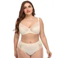 Full-length view of a model wearing a plus size lace underwire bra and high-waist panty set - Bra 42/95D Panty 2XL / Top And Bottom / Beige