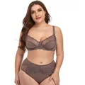 Detailed view of a plus-size brown lace bra and panty set featuring underwire support - Bra 42/95D Panty 2XL / Top And Bottom / Coffee