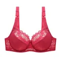 Close-up of intricate rose red lace patterns on a breathable thin plus size bra. - 36/80E / Burgundy